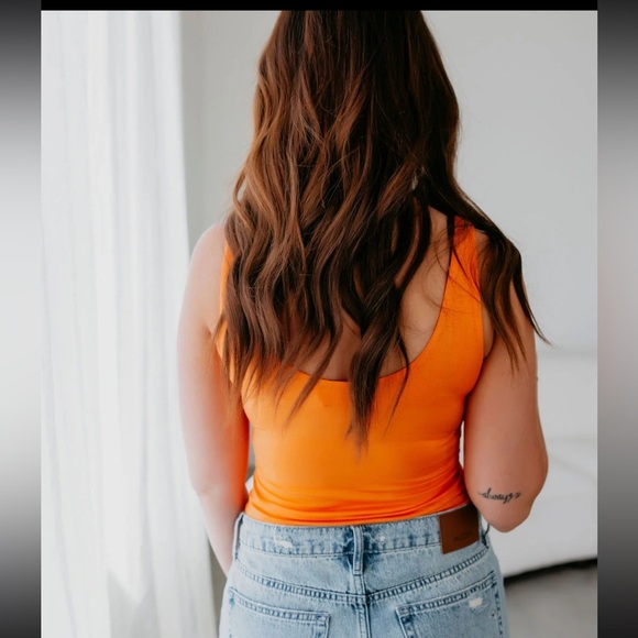 Double Zero Scoop Neck Tank Size Large Orange Sleeveless Straight Hem Stretch - Picture 2 of 11